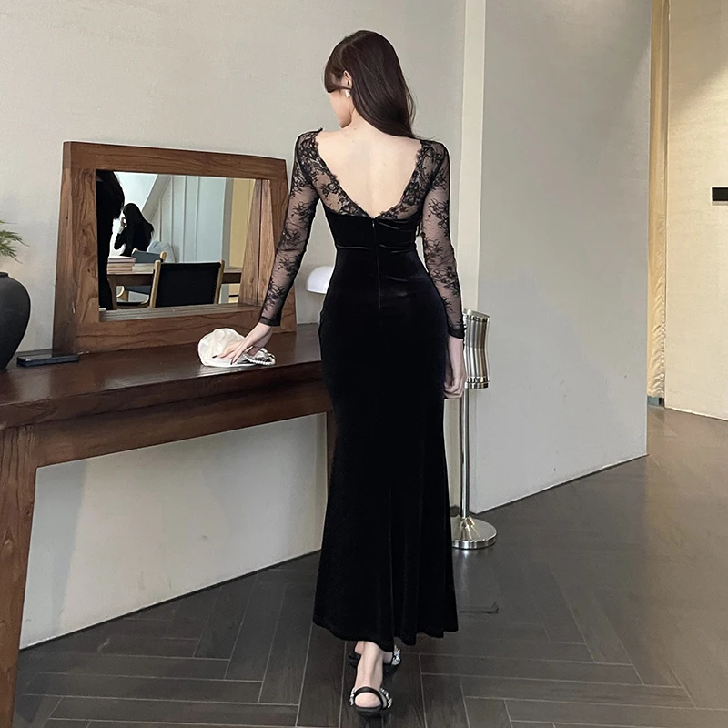 Sexy Black Dress 2024 Spring New Slimming Bodycon Dresses Elegant Lace Patchwork Backless Solid Casual dress CF23694GN