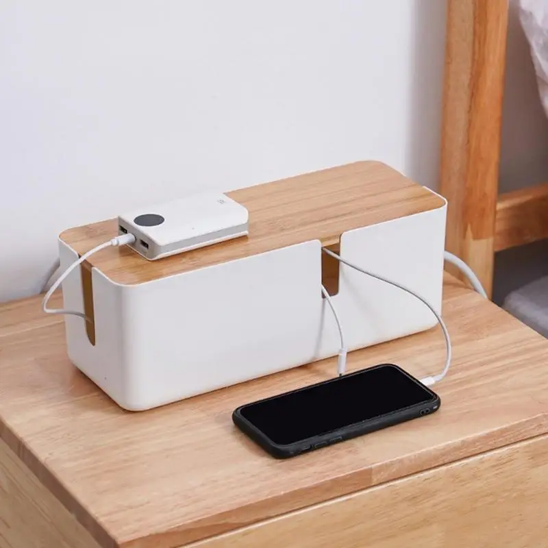 Cable Management Box Power Line Storage Case Dustproof Bamboo Lid Cord Organizer Box To Hide Power Strip Holder Offices Homes