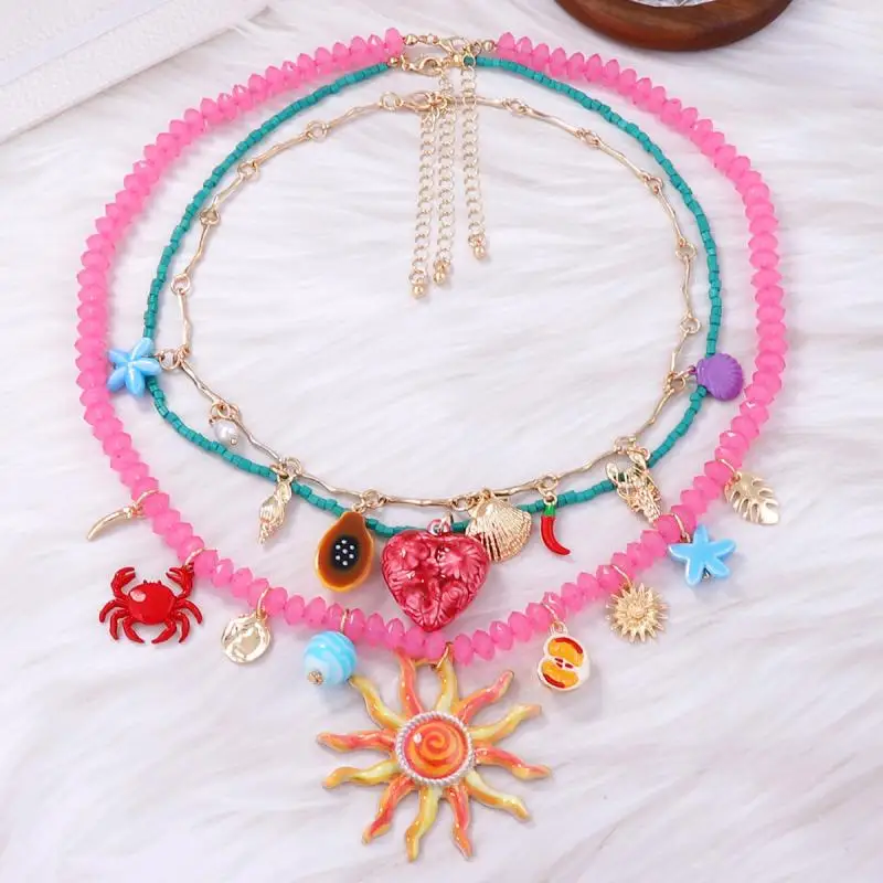 

3Pcs/set Colorful Resin Beaded Charms Necklaces For Women Summer Ocean Vacation Style Party Jewelry Neck Accessories
