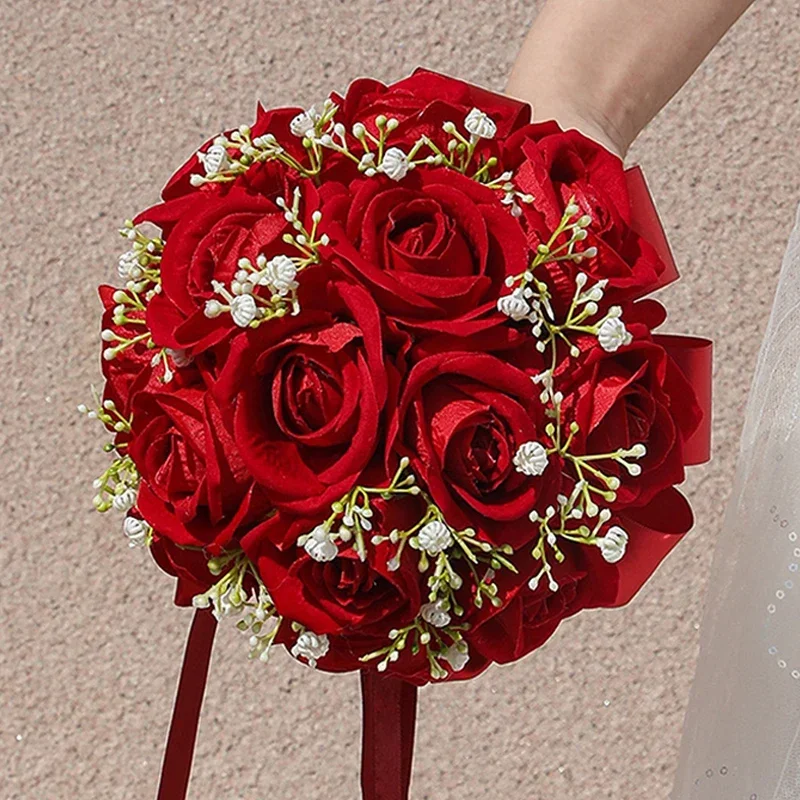 1pc Red Rose Wedding Bouquet Artificial Flowers Bride Bridesmaid Bouquets for Wedding DecorationValentine's Day Gift