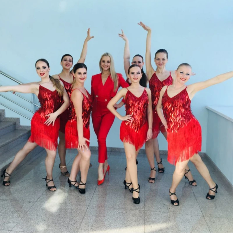 Vestido de baile latino con lentejuelas y cuello en V profundo para mujer, ropa de baile con borlas, moda Sexy, salón de baile, Salsa, Samba, Rumba, Tango