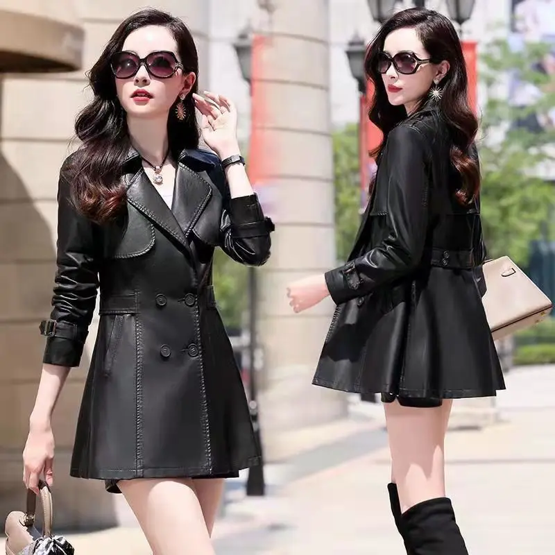 2025 신상 여성 바이크 코트 가죽 재킷 더블 브레스티드 아웃핏 봄 가을 여성 패션 라펠 롱 슬림 여성 아우터