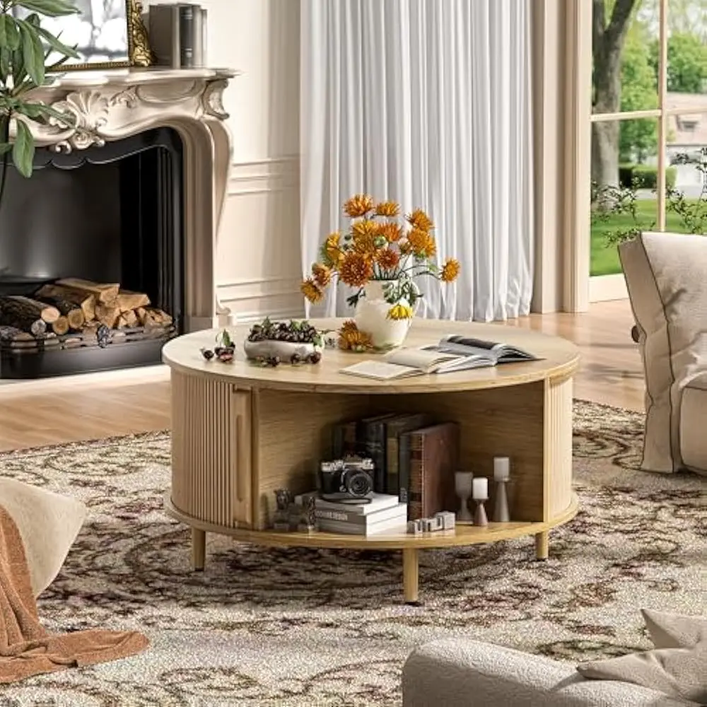 طاولات قهوة مستديرة مقاس 31.5 بوصة مع مساحة تخزين، طاولة طعام حديثة في منتصف القرن مع باب خزانة منزلق لغرفة المعيشة وطاولة صغيرة