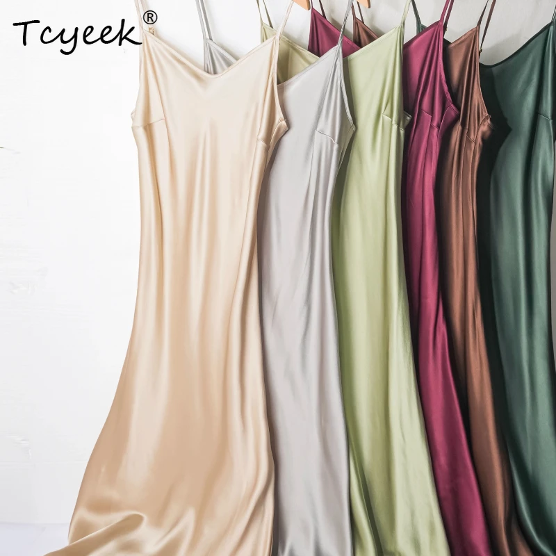 

Tcyeek 100% Real Mulberry Silk Summer Thin 21 Mm V-neck A-line Sleeveless Solid Color Suspender Mid Length Women's Dress 원피스 여름