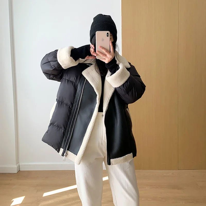 Giacca da moto invernale da donna High Street in pelle di agnello patchwork 90% piumino d'anatra bianco Lady spesso caldo capispalla in PU