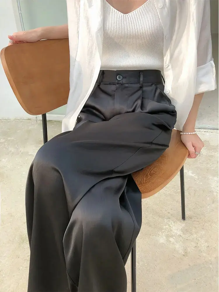 2024 Spring Summer Silk Satin Women's Pants High Waist Casual Black Korean Fashion Wide Leg Suit Pants for Women Trousers