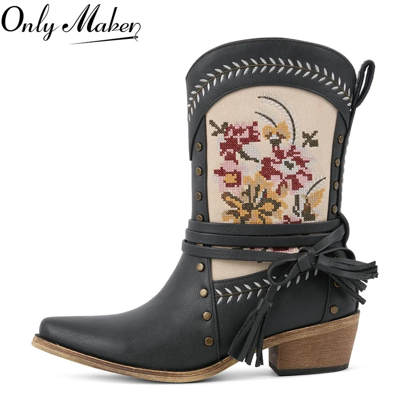 

Onlymaker Women Mid-Calf Embroidery Western Boot Heel Pull-On Big Size Western Booties