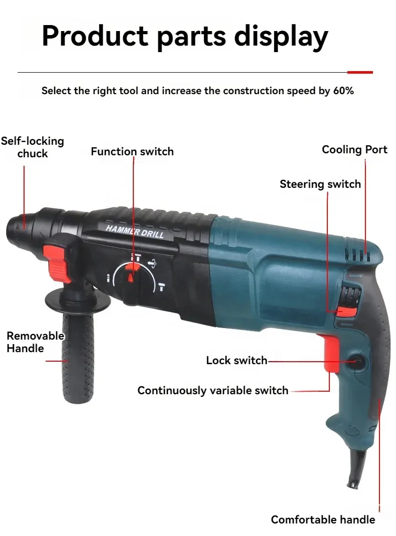 Round Handle Electric Hammer High-power Concrete Three-in-one Impact Hammer 3-in-1 26-volt Portable Plug-in Electric Hammer