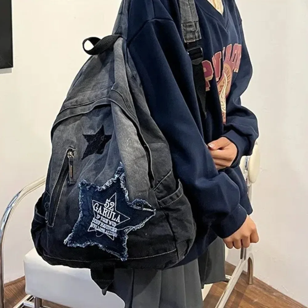 Y2K Korean Casual Denim Backpack Fashion Star Pattern Large Capacity Student Schoolbag Teenagers Vintage Punk Travel Book Bag