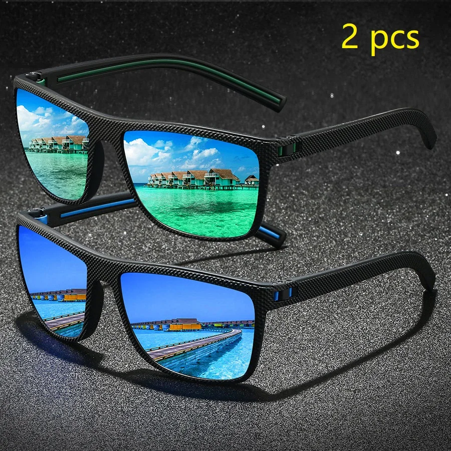 2 Pieces Vintage Check Pattern Polarized Sunglasses For Men Women Fishing Driving Fashion Square Brand Design Sun Glasses UV400