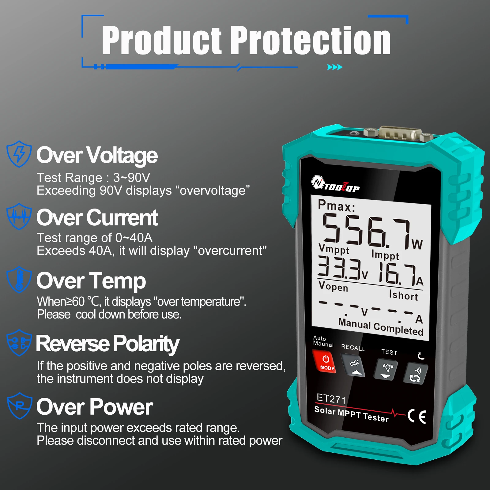 TOOLTOP ET271 2000W Solar Power Tester MPPT 3.2-Inch Screen Photovoltaic Meter Voltage Current Test Overvoltage Protection funct