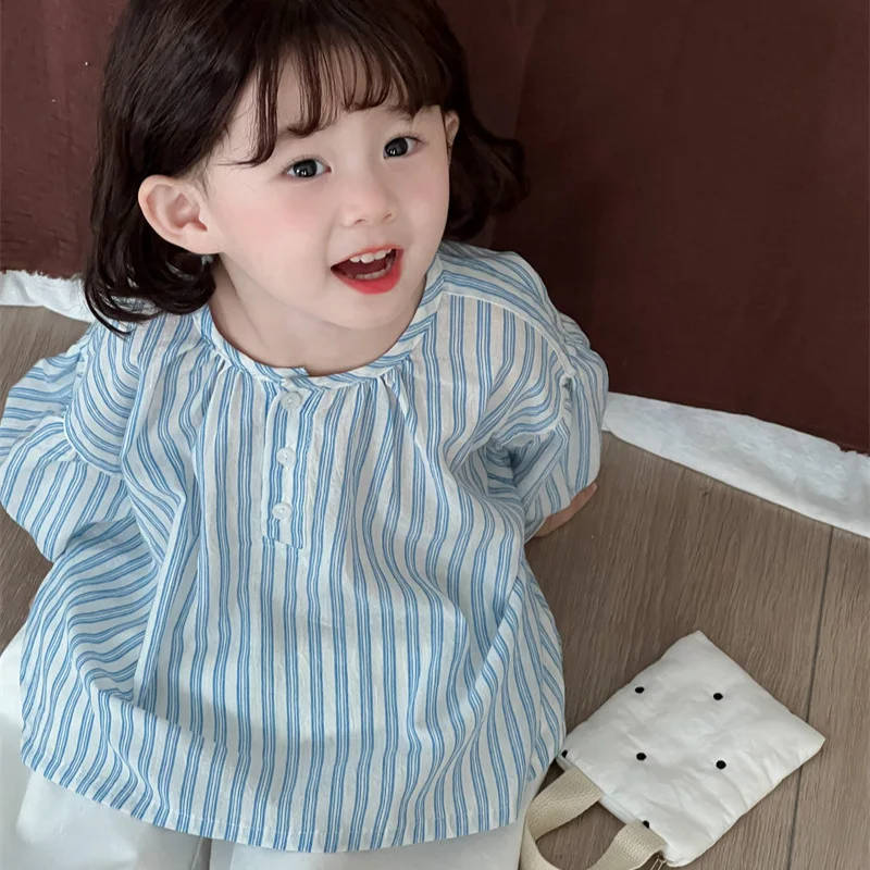 2024 Autumn New Product Girls Striped Foreign Style Shirt Children's Loose Korean Version Fresh Round Neck Long Sleeve Shirt