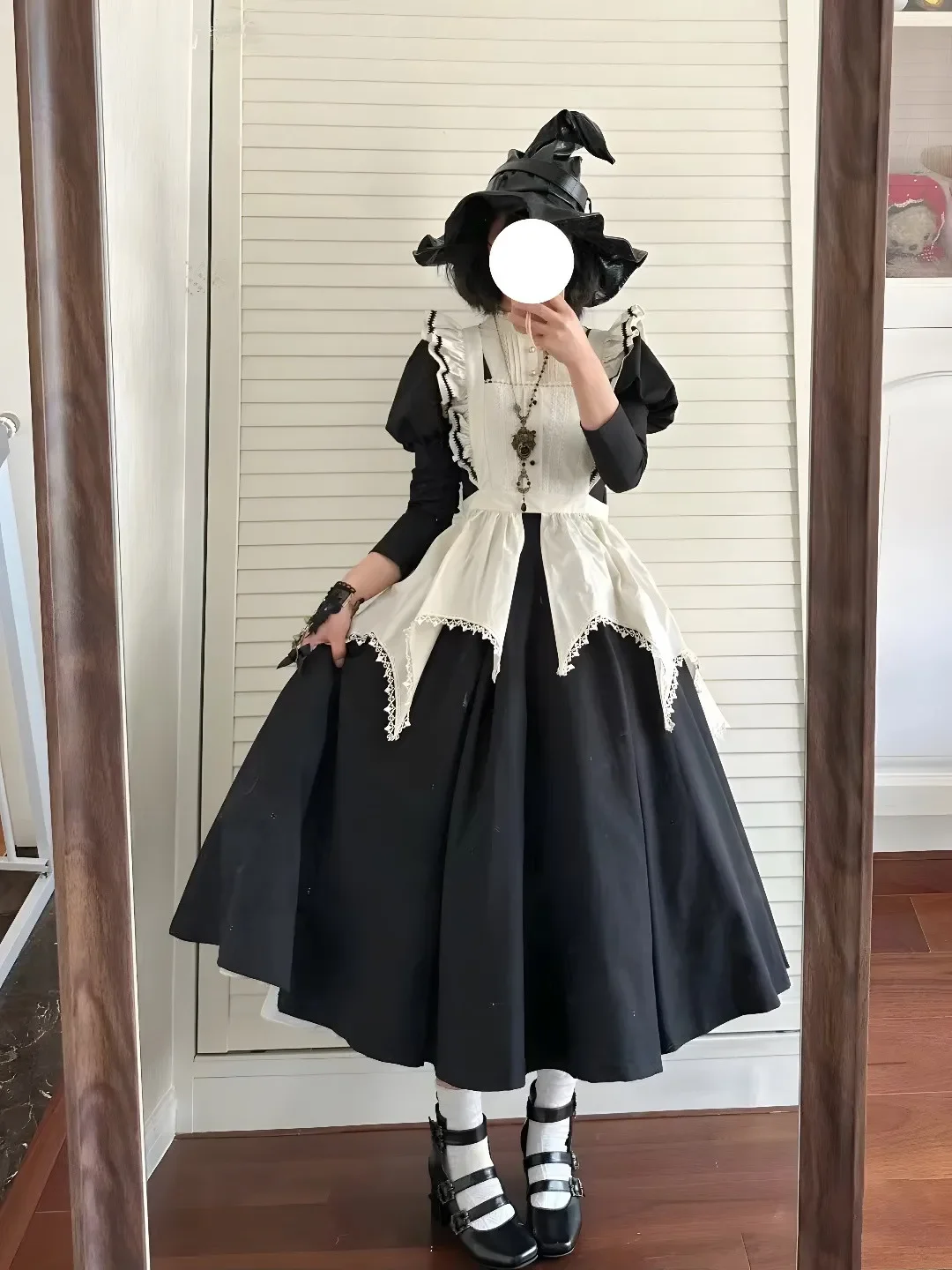 MAGOGO Japanese Lolita Elegant Black Dress Women Bubble Sleeve Evening Party Long Dress with Apron Female France Vintage Dress