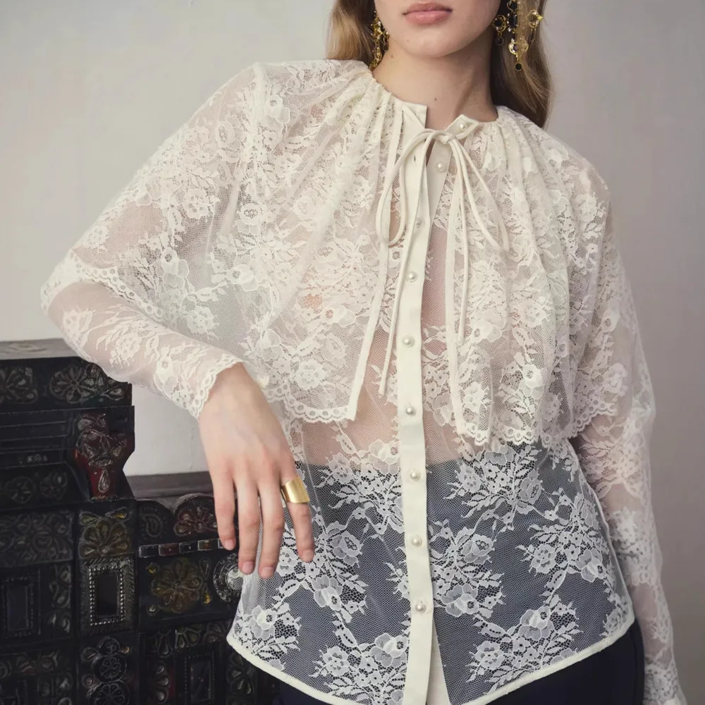 

Blifanbo Сексуальная кружевная блузка-накидка с эффектом двухслойности, женский летний прозрачный топ с завязками, длинными рукавами и вставками, повседневный кардиган