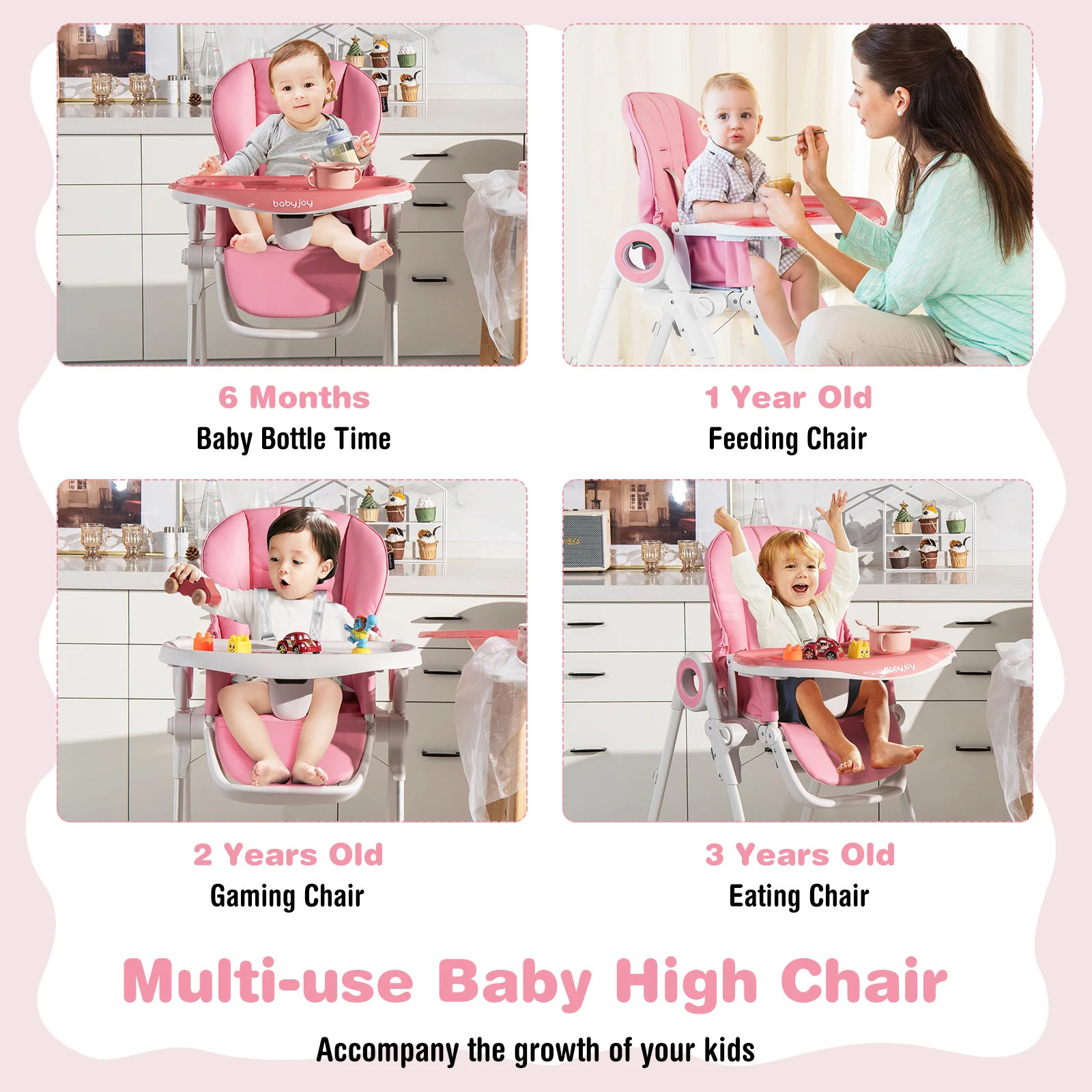 Babyjoy Baby High Chair Foldable Feeding Chair w/ 4 Lockable Wheels Pink