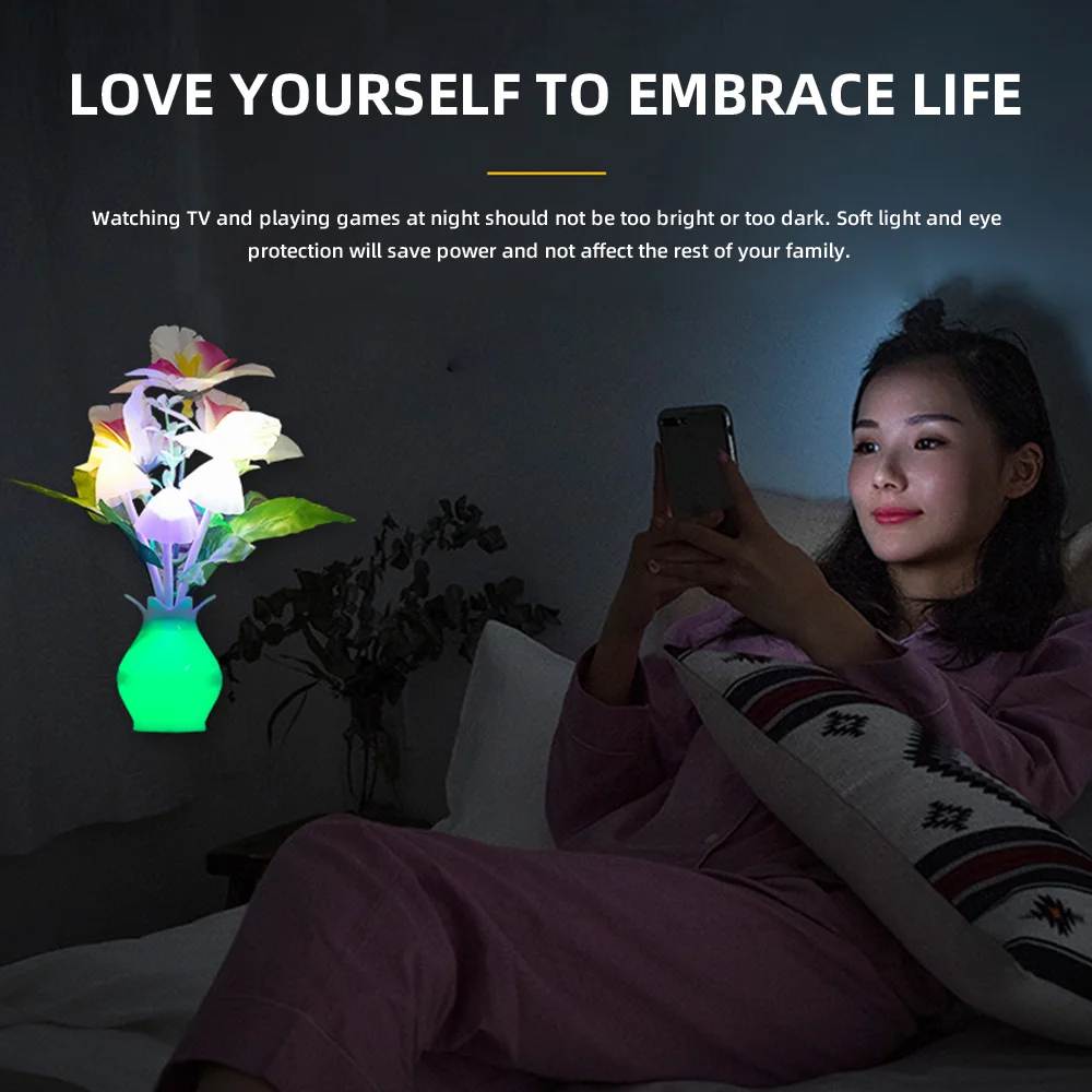 LED Night Light Smart Light Control Energy Saving Rose Flower Mushroom Plug In Lamp For Bedroom Bathroom Living Room Kitchen