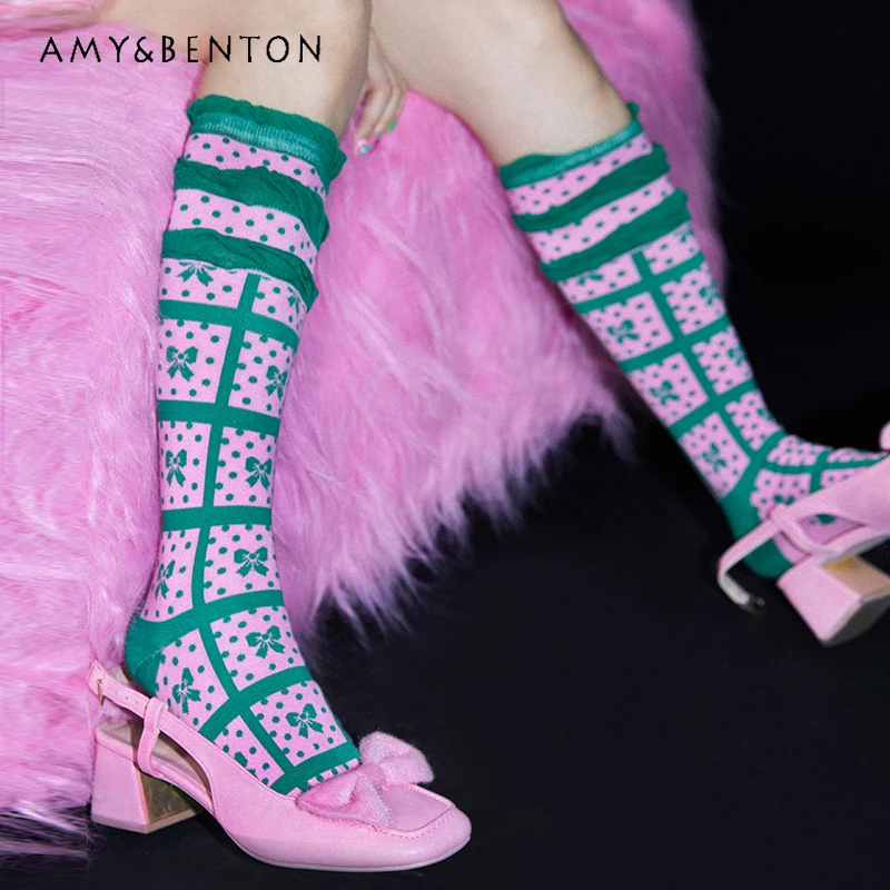 

Новинка осени 2024, женские клетчатые носки с рюшами, японские дизайнерские милые женские чулочно-носочные изделия в горошек с милым бантом