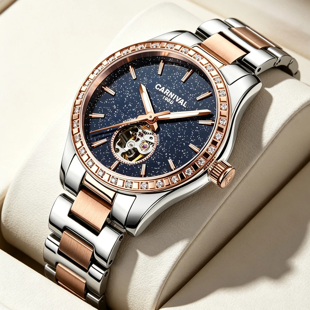 CARNIVAL Luxury Ladies Automatic Watch for Women Sparkling Starry Sky Dial Crystal Diamond Bezel Skeleton Mechanical Wristwatch