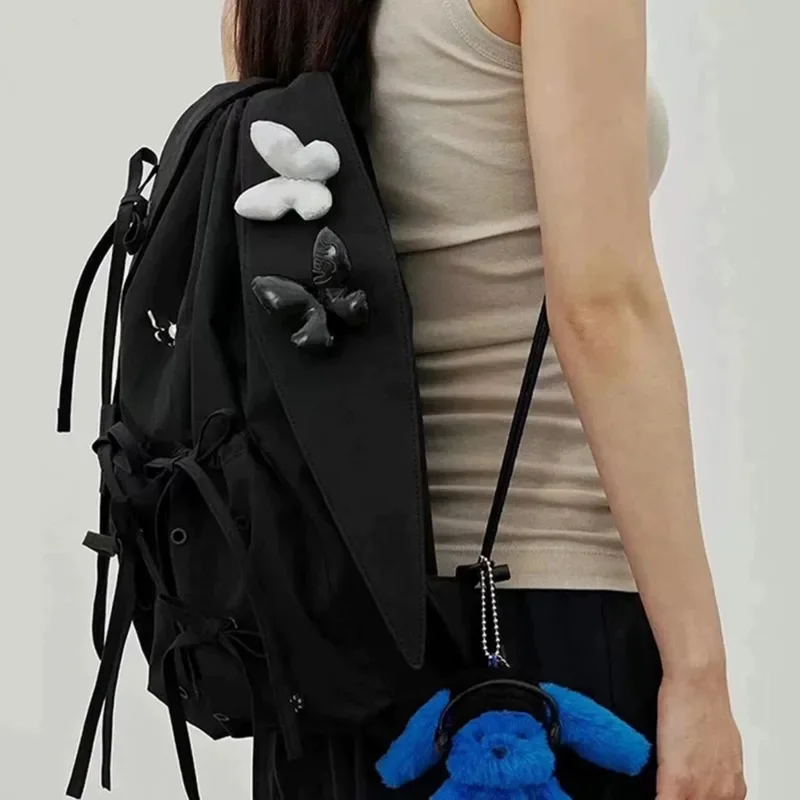 INS New Korean Rabbit Ear Bow Lace Up Drawstring Pleated Casual Shoulder Bag Female Large Capacity Tote Bag Lightweight Backpack