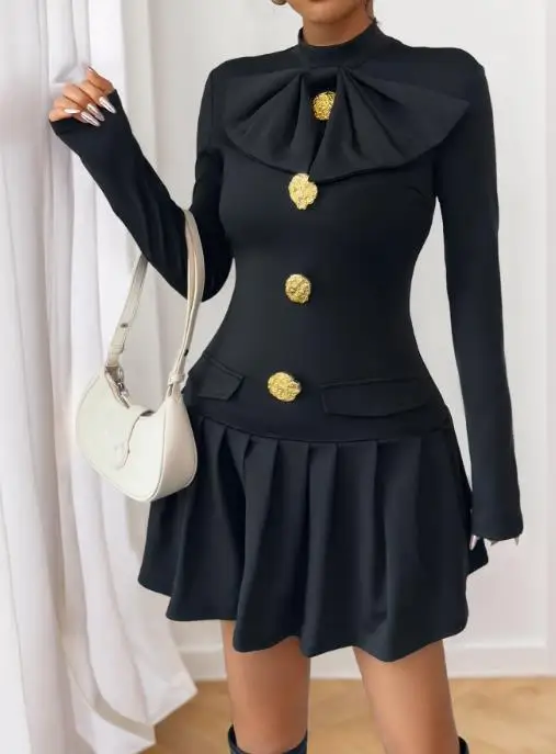 

Dress Women Fashion 2025 Spring/summer New Elegant Sweet Style Bow Button Decoration Half High Neck Long Sleeved Autumn Dress