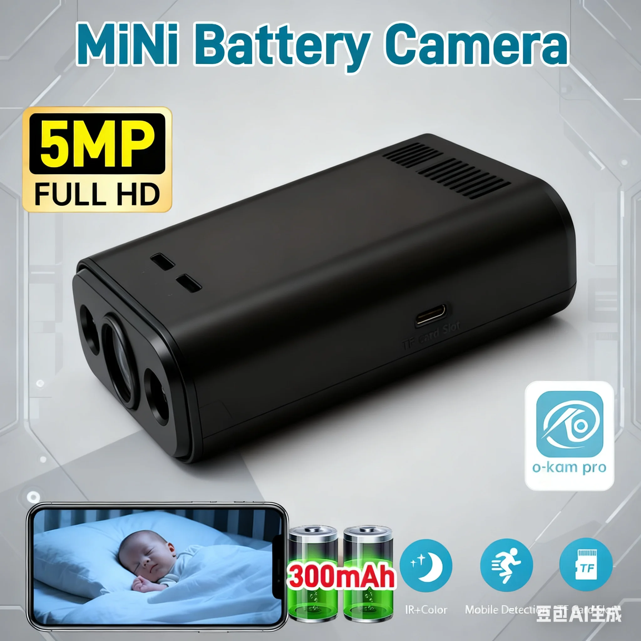 

5MP WiFi Camera, Mini Indoor Security Camera with 360° Human Tracking, IR Night Vision, Built-in Battery, Cloud/SD Storage