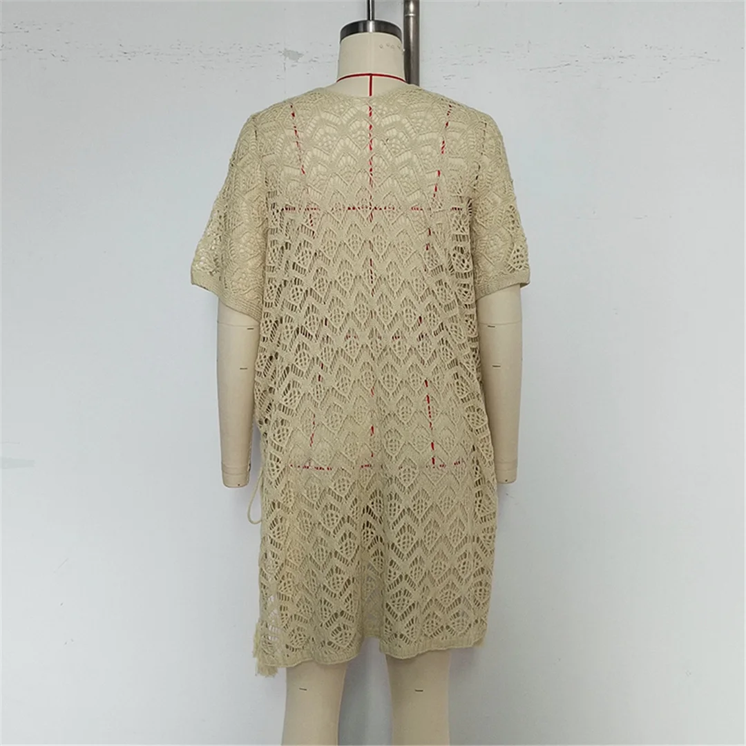 Strandkleid Strandmode Neues Kurzarm-V-Ausschnitt Einfarbiges Häkel-Strick-Tunika Strandkleidung Strandüberwurf Überwürfe Damen V7221 – Detail 13