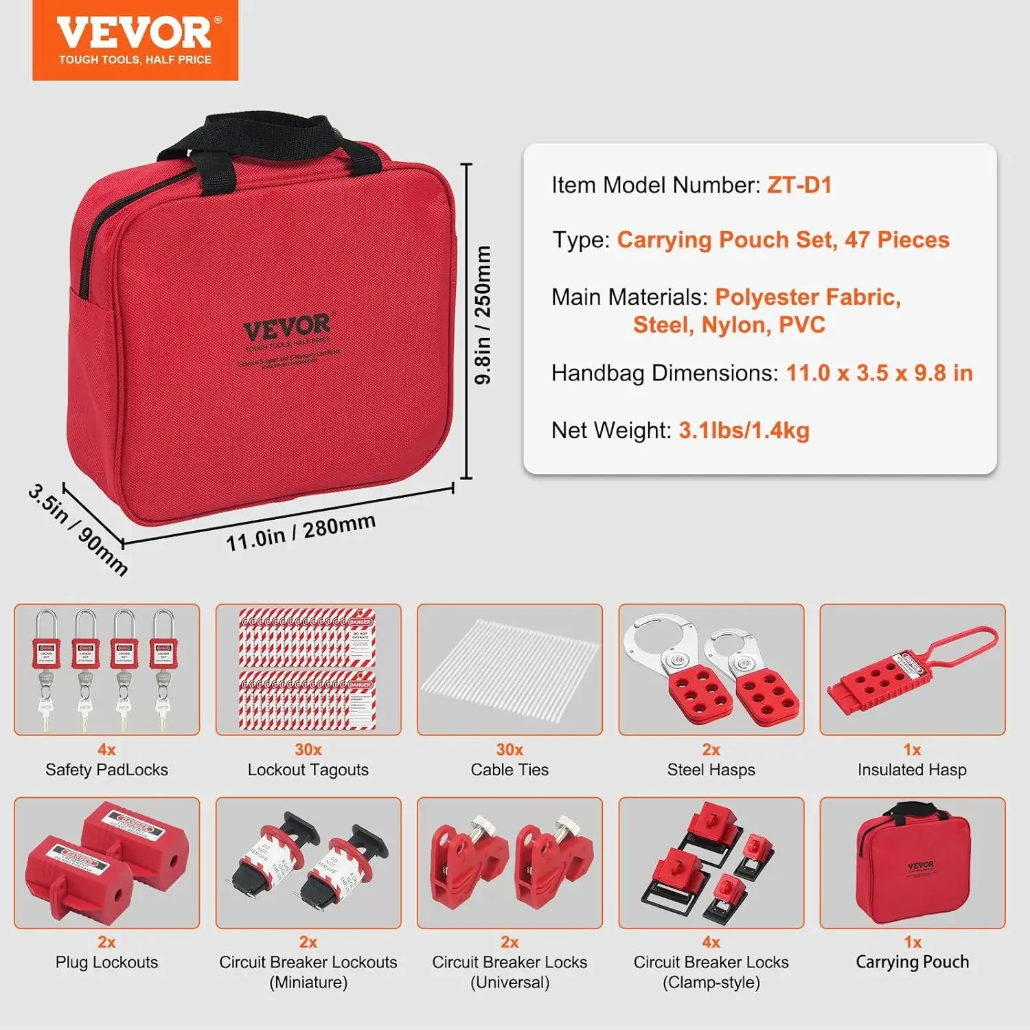 Kit voor elektrische vergrendeling, inclusief hangsloten, grendels, tags, nylon banden, stekkervergrendelingen, stroomonderbrekervergrendelingen, draagtas