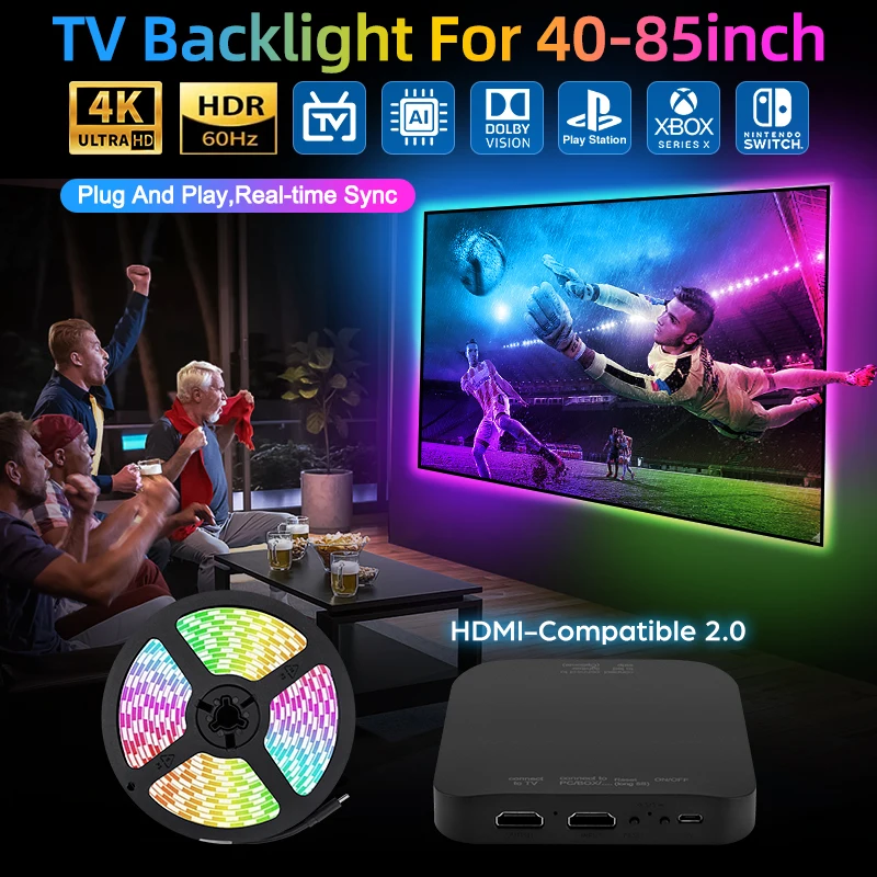 TV Ambient Backlight For 40-85Inch Color Real-Time Sync LED Light Strip For 4K HDMI-Compatible 2.0 Device Sync Box Light Kit