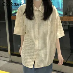 Plaid Shirts for Women Youthful Commuting Fresh Pocket Summer Short Sleeve Tops Tender Hipster Vintage American Style All-match