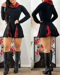 Red Black Contrasting Checkered Pattern Funnel Neck Long Sleeved Short Skirt with Casual Design New Fashionable Slim Fit Dress