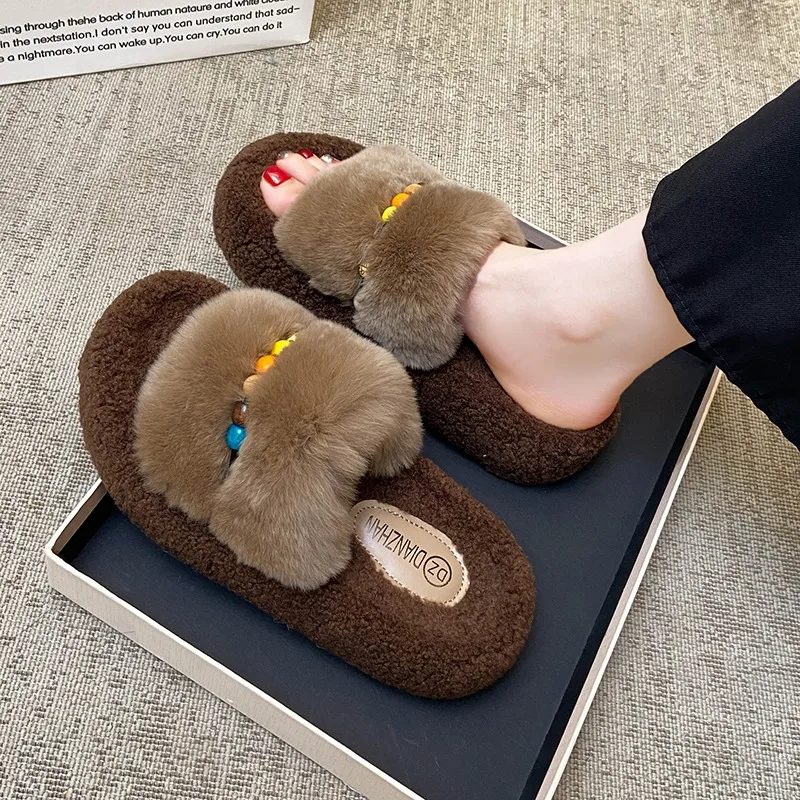 2026 Winter New Plush Warm Comfort House Cotton Slippers for Women Fashionable Beading Design Comfortable Casual Women's Shoes
