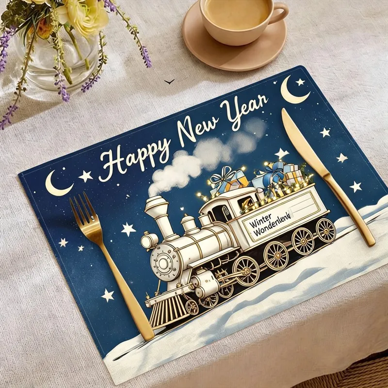 VIKAMA Linen Placemats Happy New Year Train Navy White, Stain Resistant Easy to Clean, Dining Table Holiday Party Decor