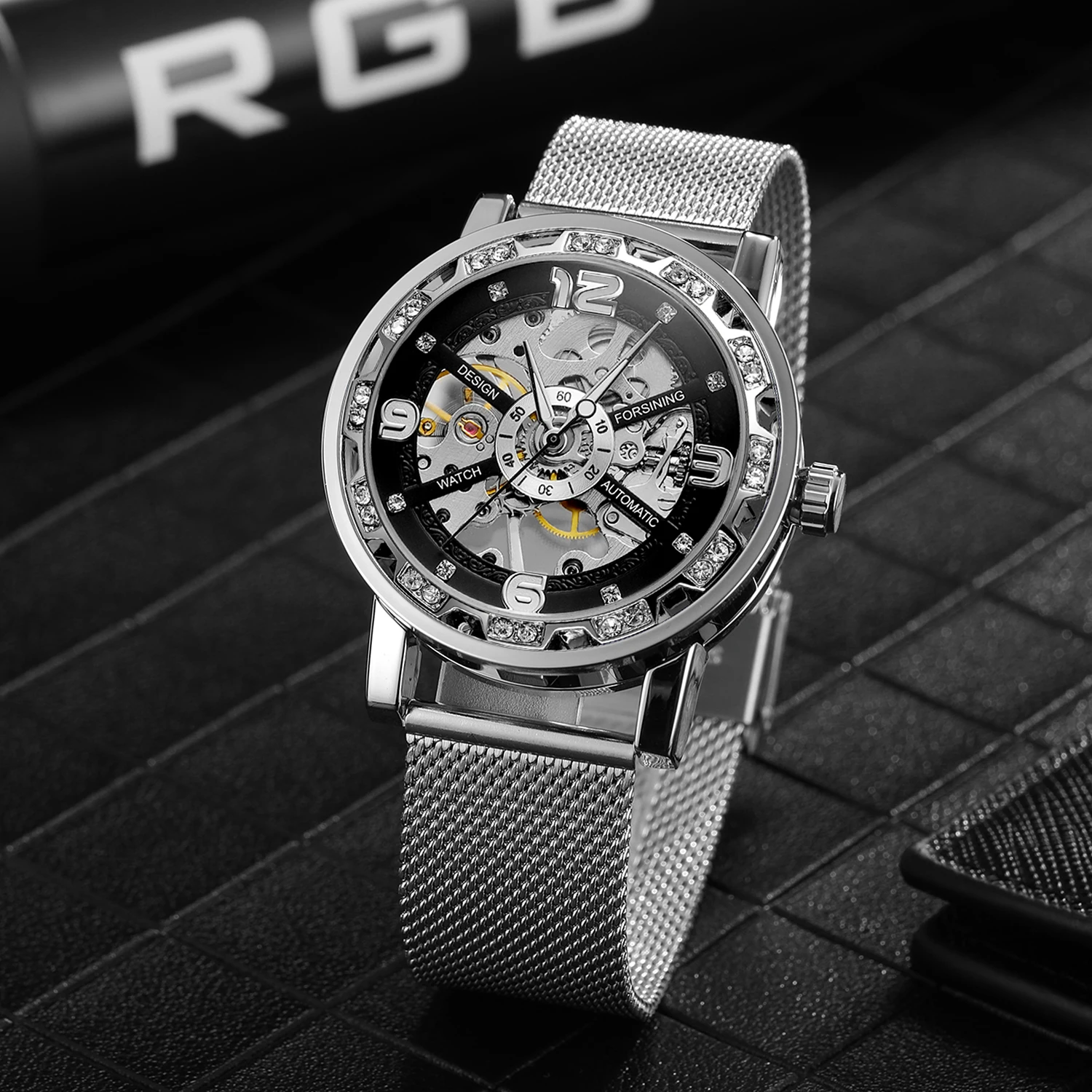 Forsining Fashion Diamant Gouden Sliver Skelet Mechanisch Horloge Rvs Mesh Lichtgevende Heren Horloges Zakelijk Polshorloge