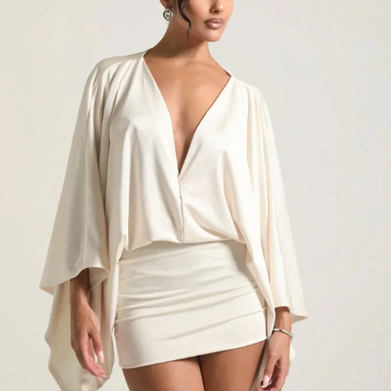 New Autumn Chic Deep V-Neck Boho Dress Retro Solid Spliced Flare Sleeve Prom Dress Spring Woman Club Elegant Slim Fit Mini Dress