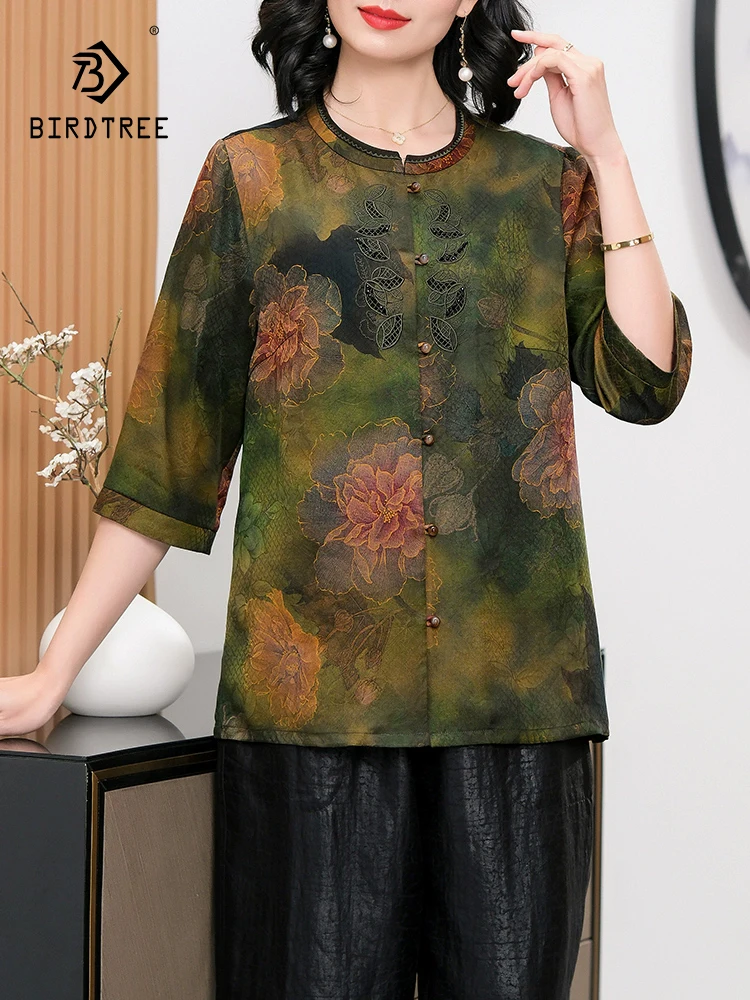 BirdTree-100%Mulberry Silk Watered Gauze Elegant Shirt, Women 3/4 Sleeve Floral, Vintage Loose Mom Blouse, 2025 Spring T4D427CC