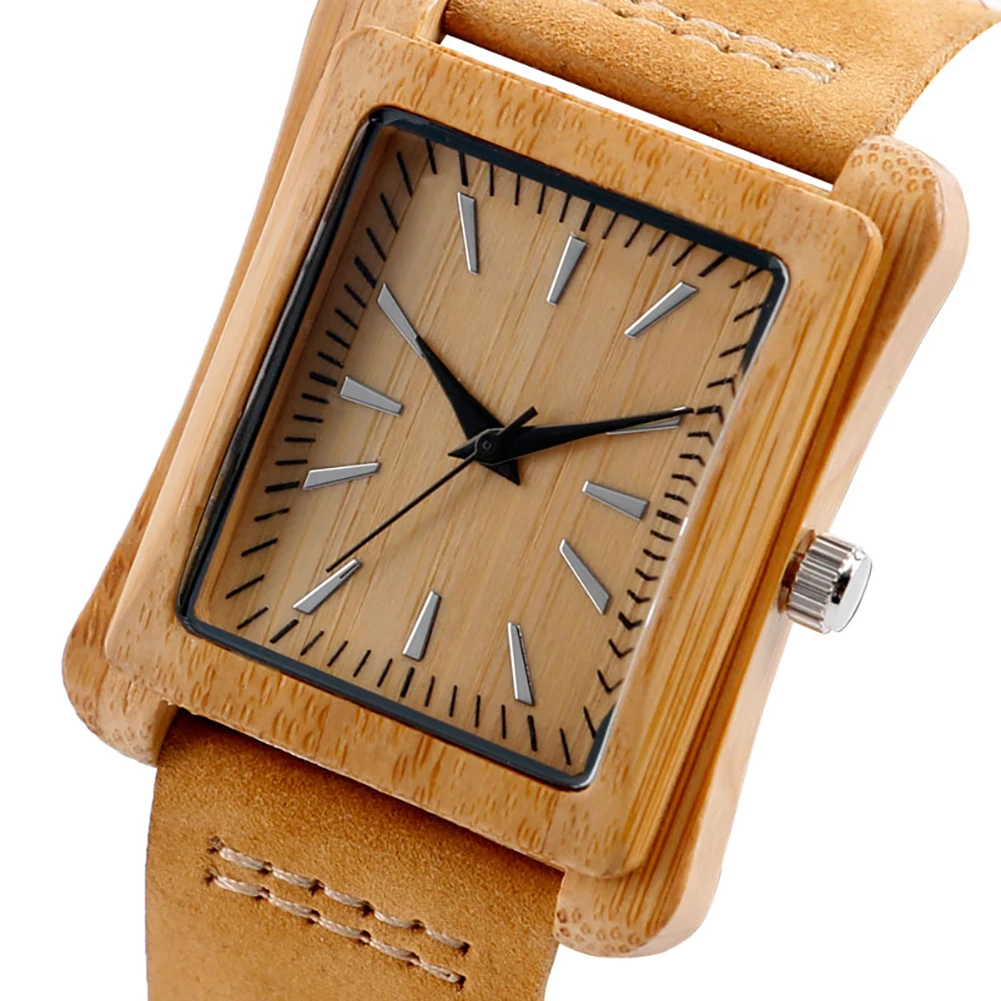 Special Watch Men Nature Log Wooden Rectangle Quartz Wristwatches Modern Genuine Leather Strap Wood Casual Bamboo Women Clock