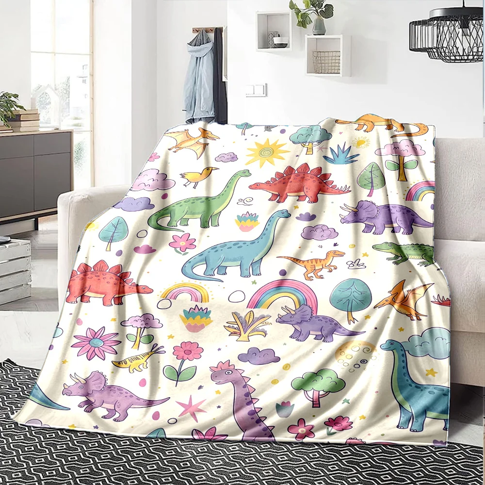 Cute Hand Drawn Dinosaur Cloud Tree Full Pattern Soft Flannel Blanket Lightweight Decorative Blanket For Bed Living Room Travel