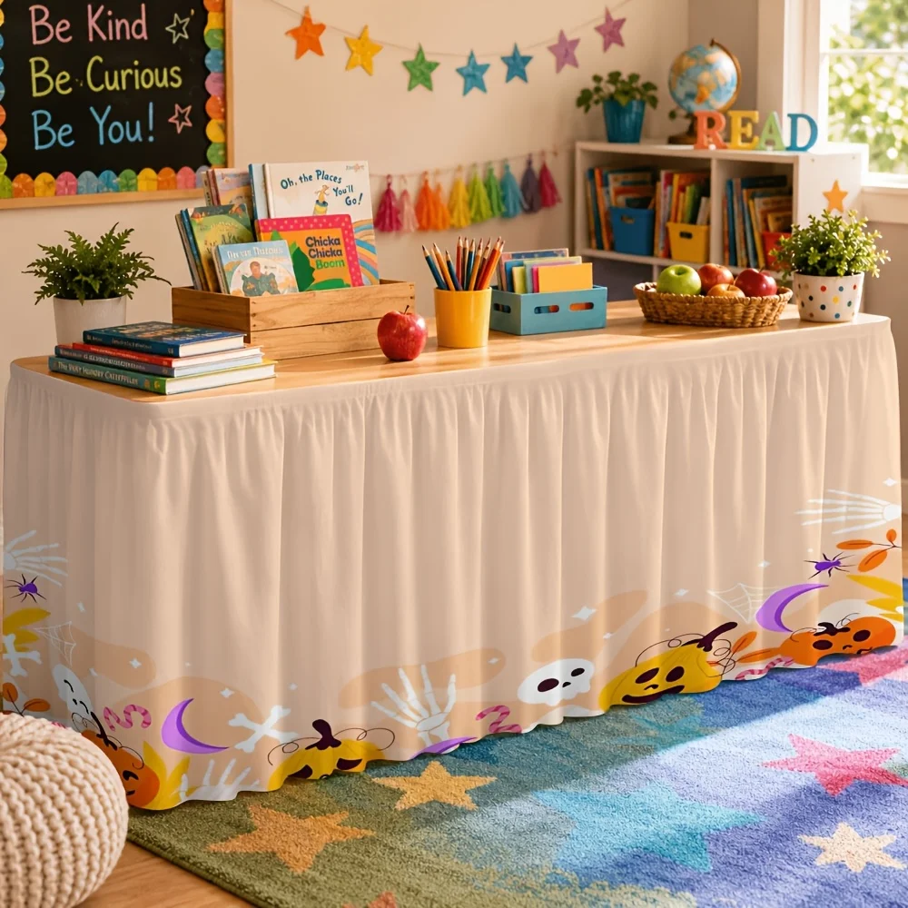 One Halloween-themed tablecloth and table runner, featuring cute pumpkin and ghost prints, suitable for parties.zyc