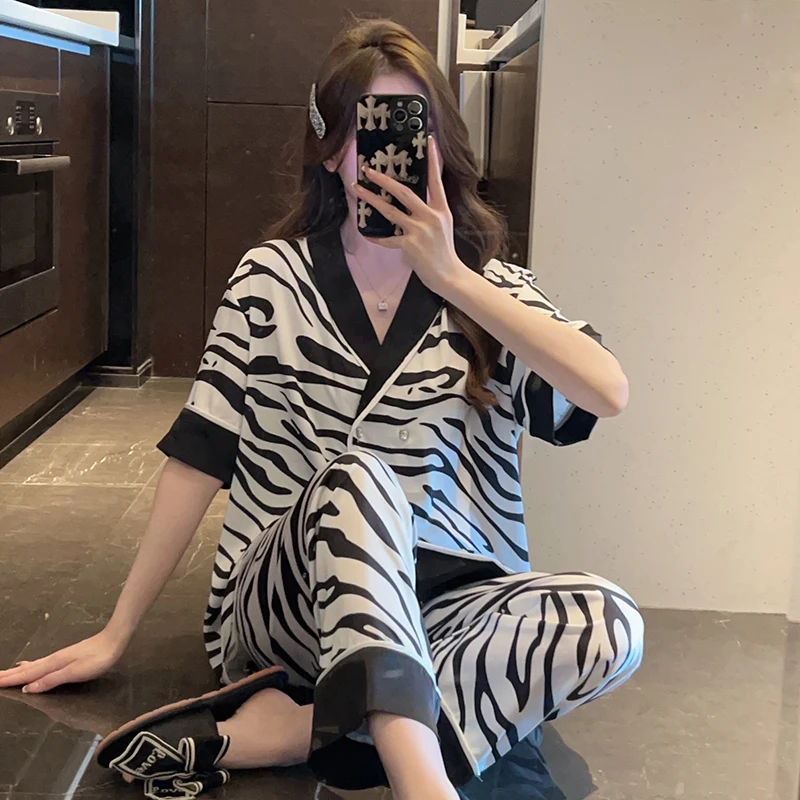 Ladies Casual 2 Piece Pajama Set O-neck Print Zebra-stripe Pyjamas Pants Set Silk Pijama Suit Sleepwear for Women Pajama Suit