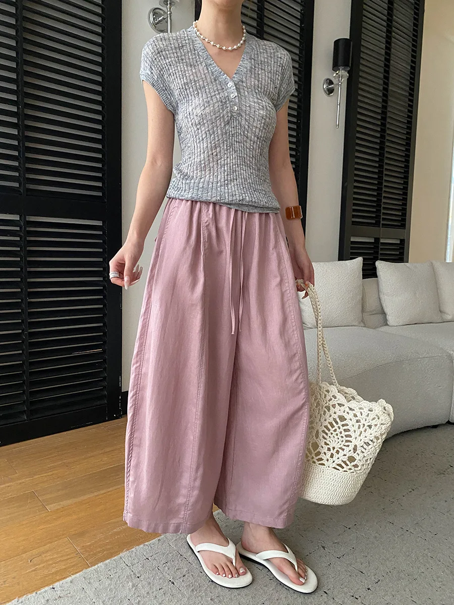 Sommerliche High-Waist-Hose mit weitem Bein für Damen, lässige, einfarbige, locker sitzende Hose – Detail 23