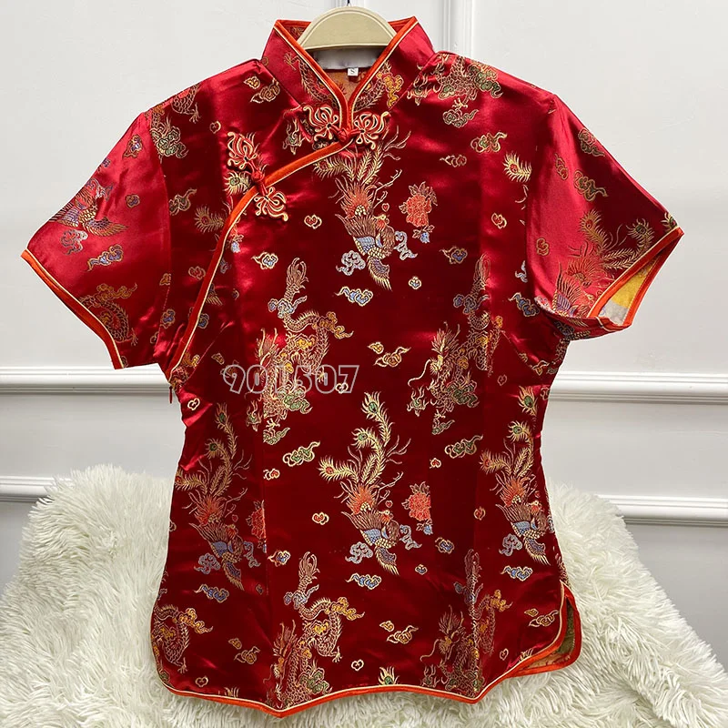 New Jacquard Flower Tang Clothes Women Fashion Qipao Top Vintage Improved Cheongsams Satin Shirt Tops Button Down Wear Plussize