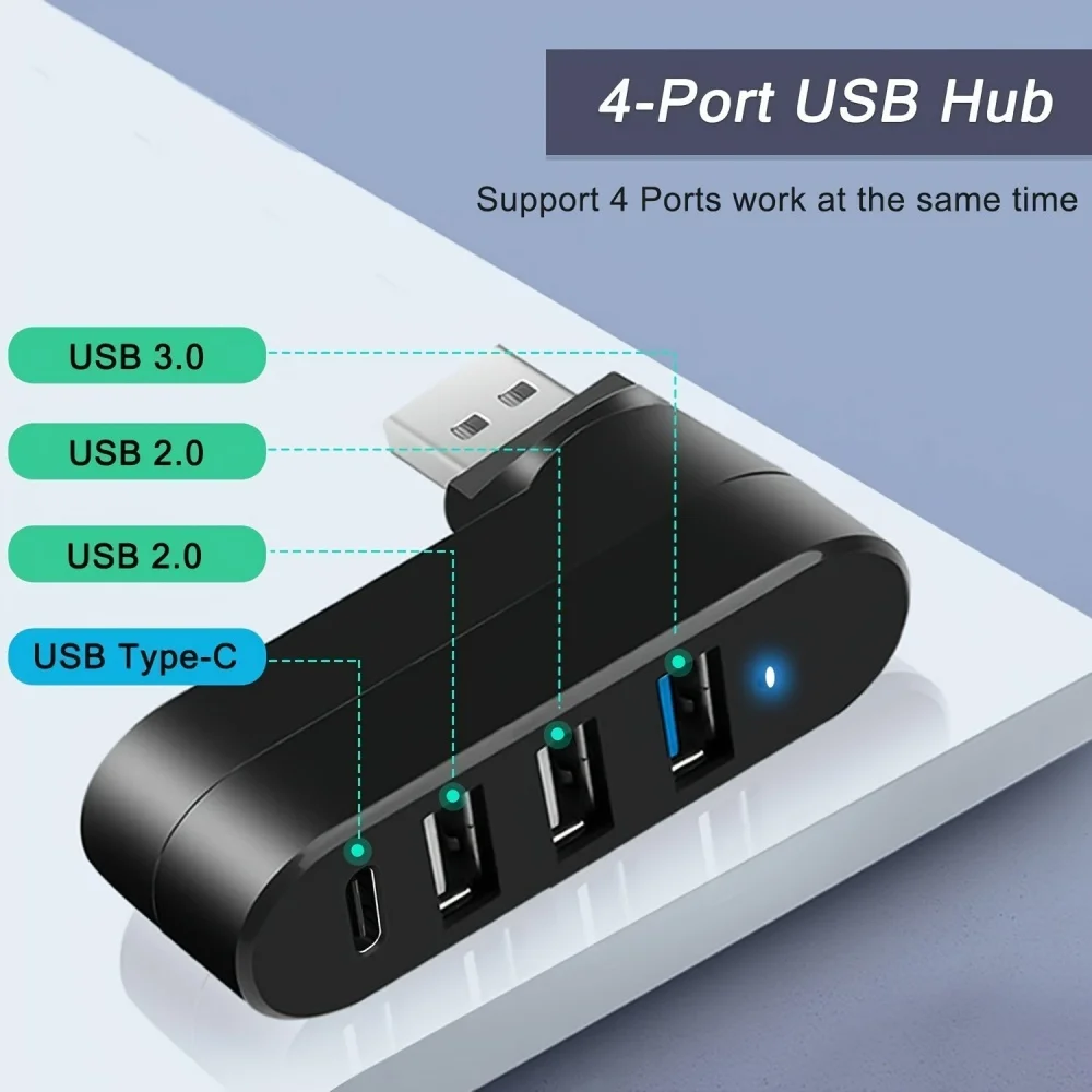 180° Rotatable 4 Ports USB 3.0 2.0 Hub Type C High Speed Data Transfer U Disk Splitter Flash Drive Adapter For Laptop MacBook PC