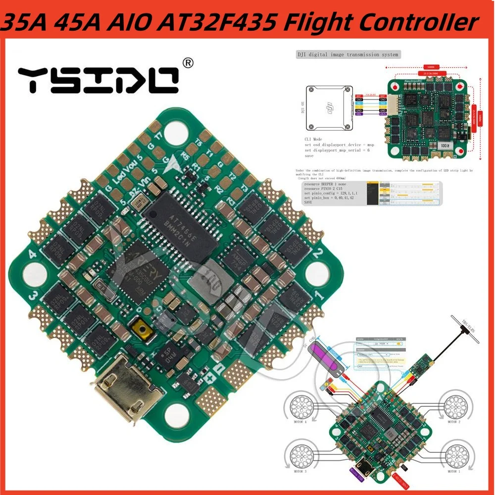 YSIDO AT32F435 mini AIO 32Bit AM32 35A 45A kontroler lotu płyty ESC 25.5*25.5mm wzór montażowy dla drona wyścigowego FPV