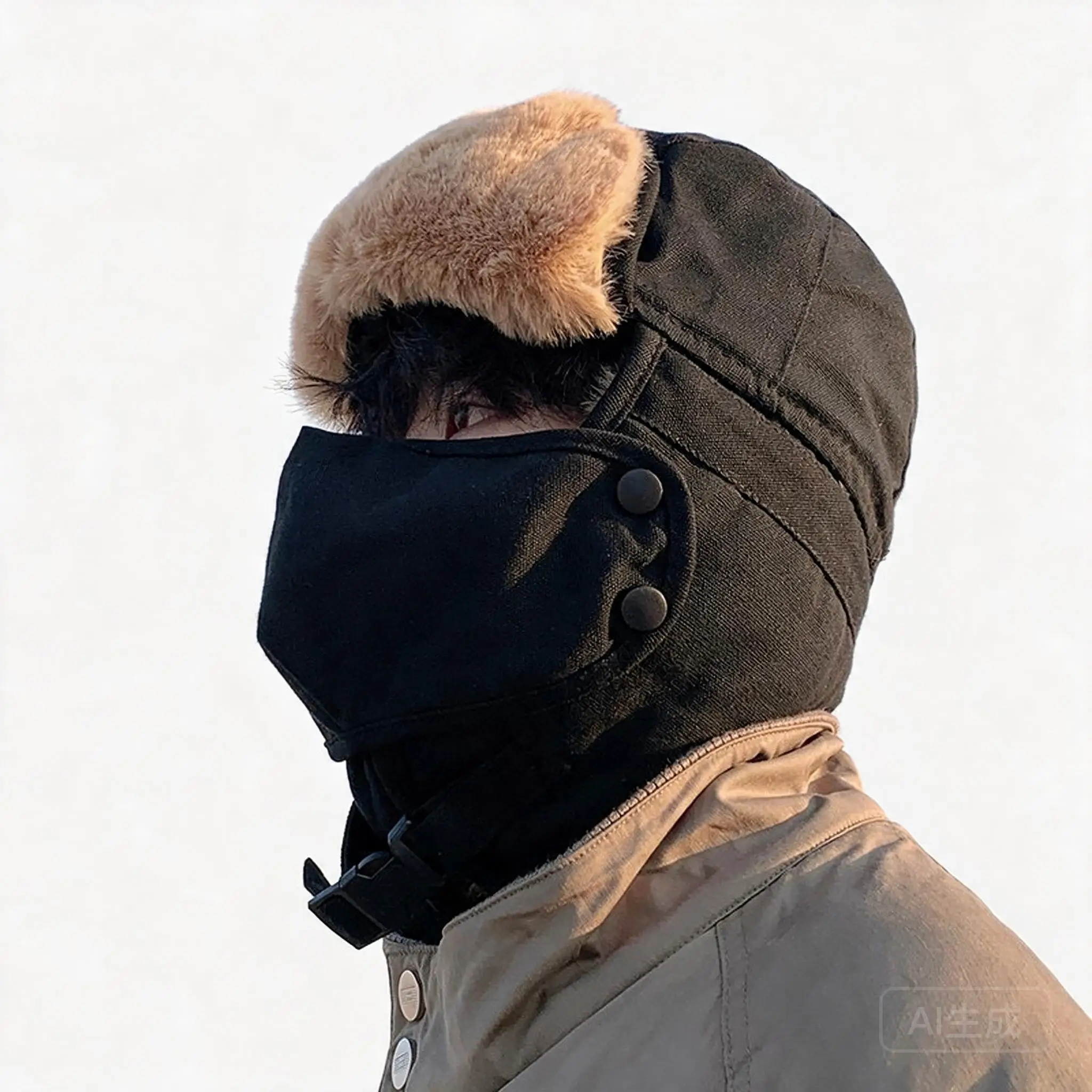 Winter Thickened Fleece Lined Mens Trapper Hat With Face Cover Windproof Cold Proof Ear Protection Warm Cap For Outdoor Cycling