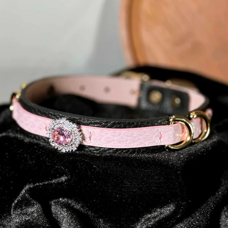 Collar Female M Wide Edition Double Layer Leather Large Water Diamond Gemstone Cat and Dog Universal Traction Rope