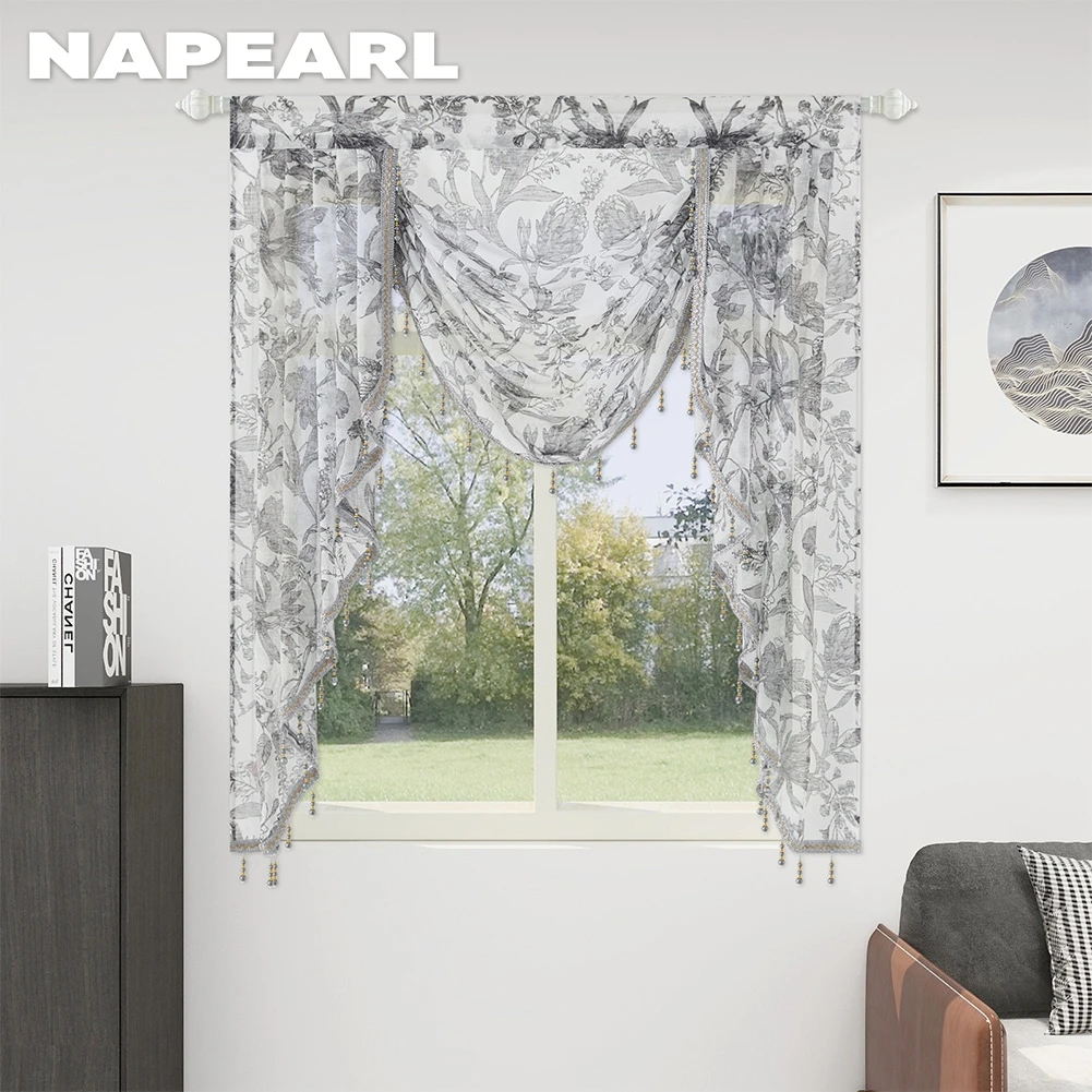 NAPEARL Village Style Printed Sheer Tulle Transparent Curtain Rod Pocket Window Curtain Living Room Bedroom Decor 1PC