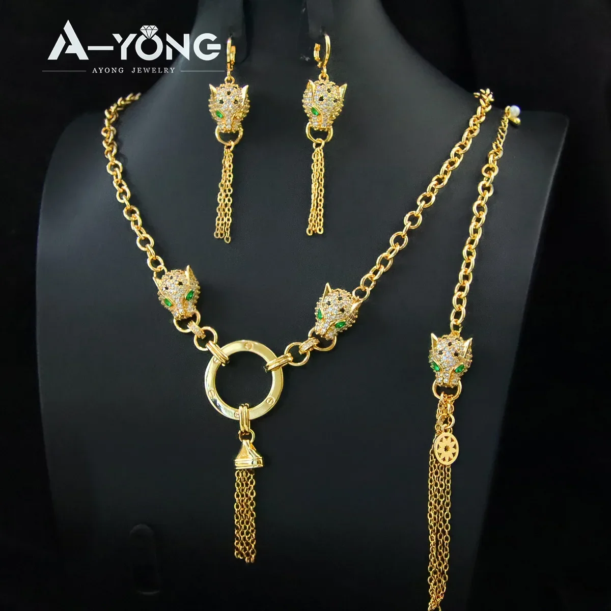 Luxury Dubai Gold Color Leopard Jewelry Set 21k Gold Plated Zircon Panther Necklace Bracelet Earrings Punk Vintage Jewelrys