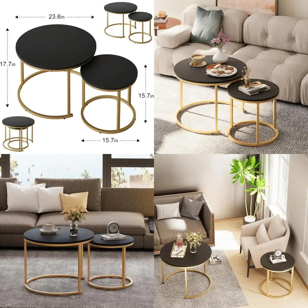 

Round Wooden Nesting Coffee Table Set of 2 with Metal Frame, Ideal for Living Room, Bedroom, or Balcony, Black