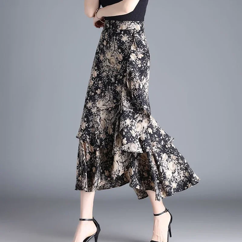 

Women's Clothing 2025 Summer New Loose Office Lady Elastic High Waist Skirts Elegant Printed Irregular Ruffles Leopard Skirts