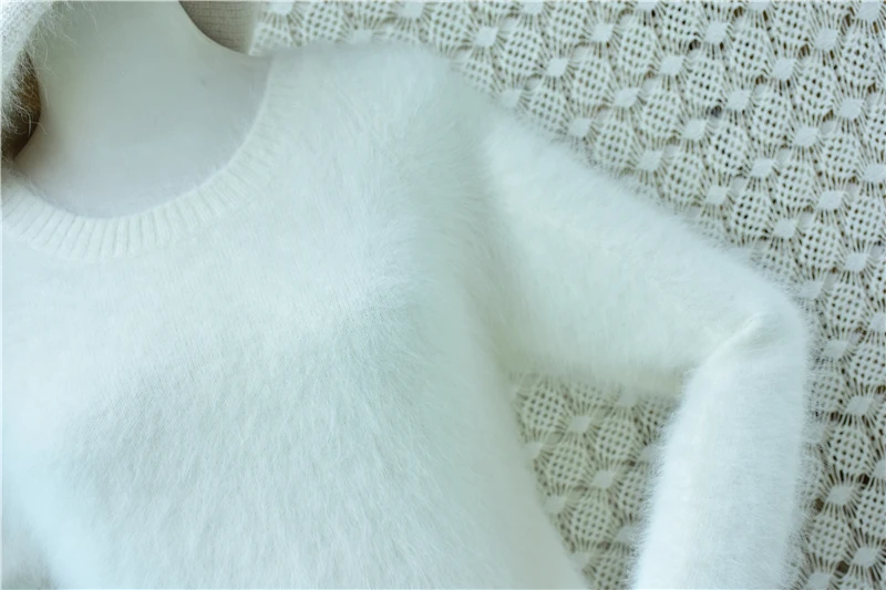 Women Fashion White Hairy Angora Rabbit Hair Knitted O-Neck Long Sleeves A-Style Medium Long Sweater Jumper Dress Pull Tops